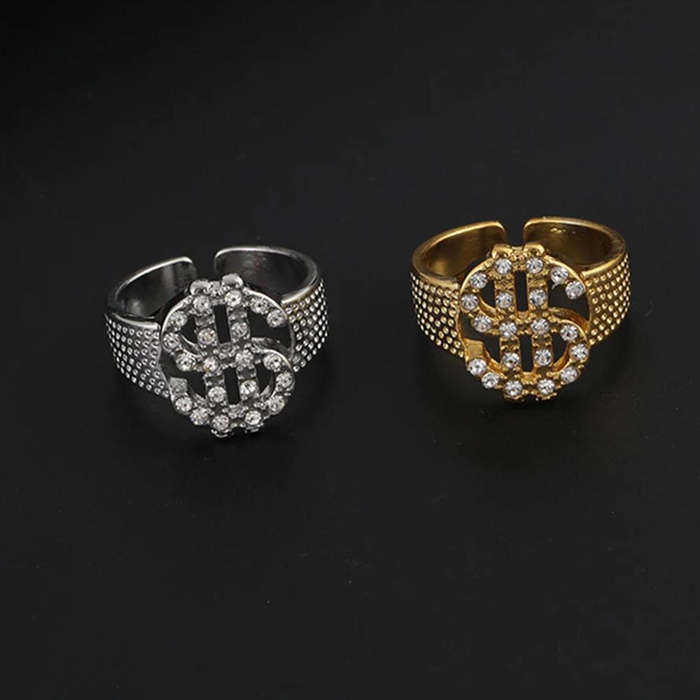 Charm Gold Dollar Sign Ring for Women Men Inlaid Rhinestone Trendy Valentine's Day Couple Jewelry Gifts Resizable