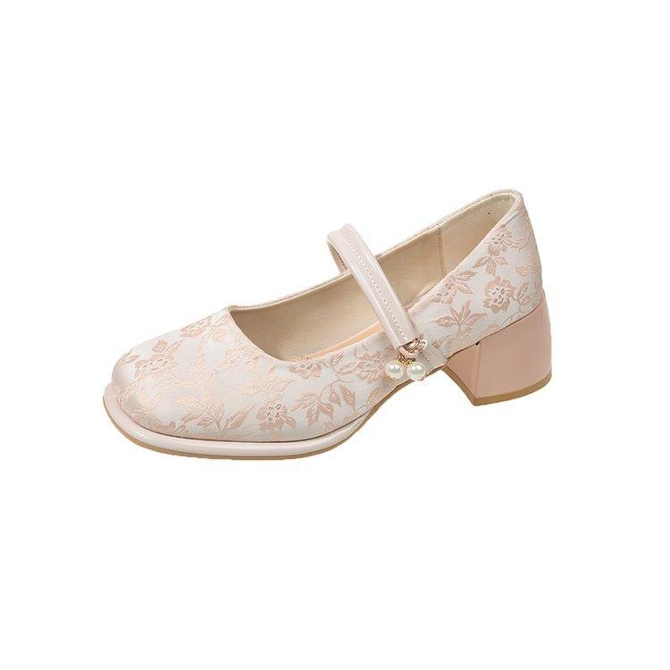 

Dadong Mary Jane Shoes Women s Shoes 2025 Spring New Elegant Thick High Heel One-word Button Square Head New Chinese Single Shoes Women 40 розовый