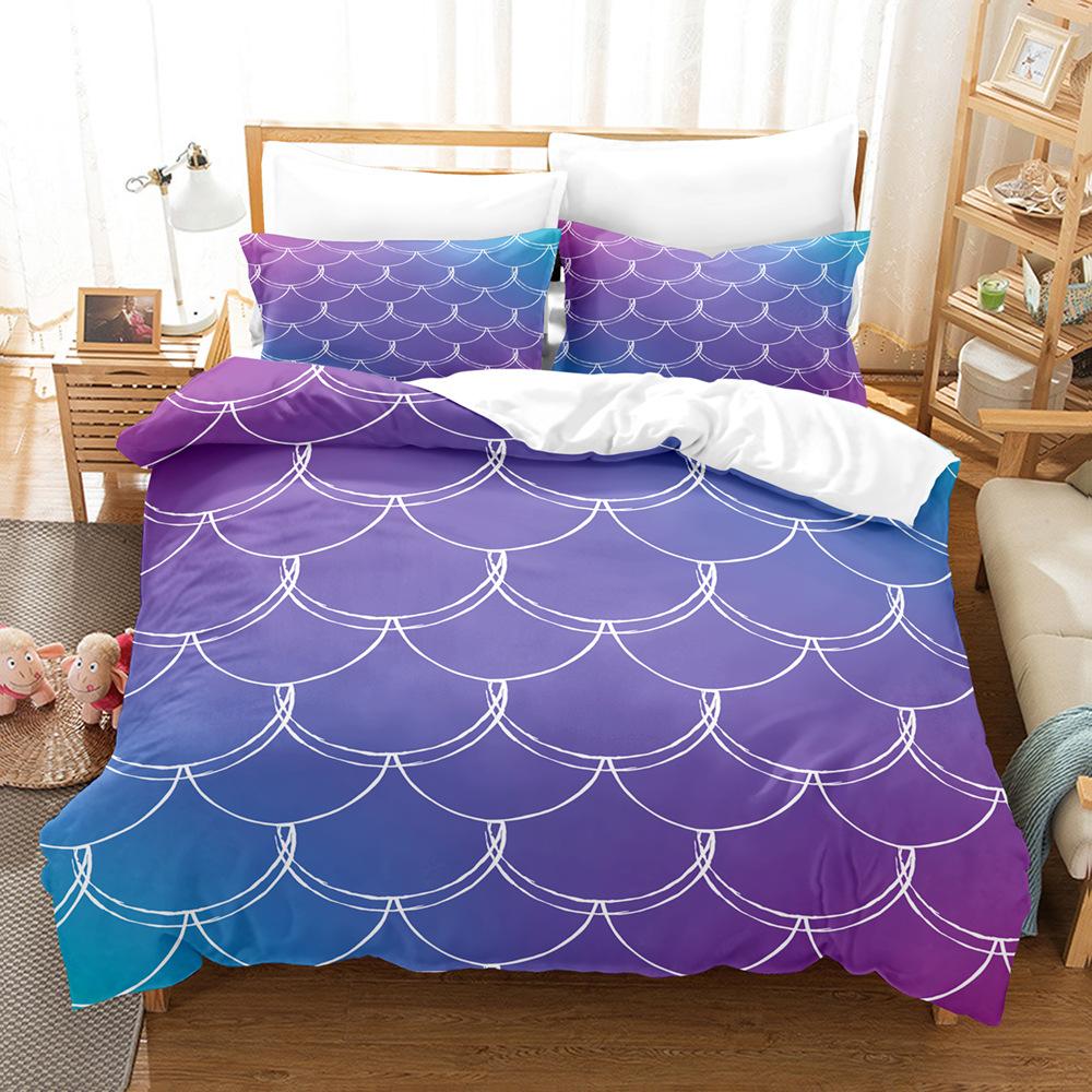 Laser Gradual Change Fish Scale 3D Digital Printing Three-Piece Quilt Cover Pillowcase Home Textile Bed Sheet Kit