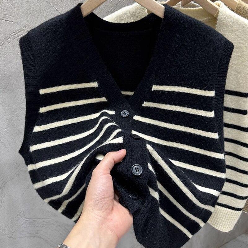 Korejský styl Pruhovaná pletená vesta s výstřihem do V Módní vesta bez rukávů Cardigan Podzim Zima Single Breasted Slim Tops 29055