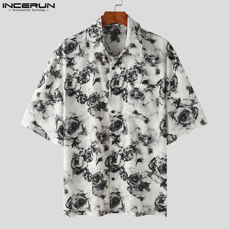 INCERUN Oversized Men Lapel Floral Printed Shirts Beach Holiday Tops