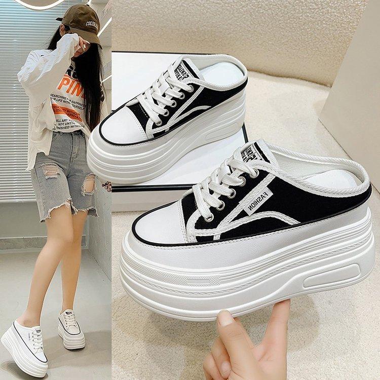 Fashion Bag Head Half Slippers Women's Outer Wear 2025 Autumn New One-pedal Canvas Shoes Versatile Platform High-heeled Sandals