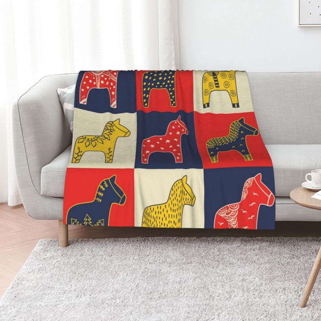 Best Seller _ Swedish Dala Horse Throw Blanket Warm For Sofa Thin Decoratives Kid'S Stuffeds Blankets