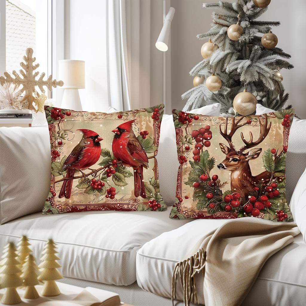 Christmas Decoration Pillowcase Retro Christmas Red Dress Bishop Reindeer Garland Print Sofa Cushion Cover Home Decoration
