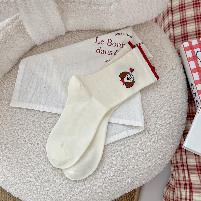 

Cartoon Puppy Socks, Women s Spring and Autumn Fun Mid-calf Socks, Ribbed Color-blocking Pile Socks, Boneless 1 pair білий