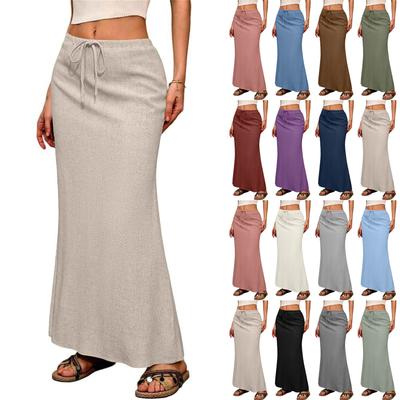 Women's Casual Fashion Solid Colour Swing Fishtail Split Skirt Elasticated Loose Pockets Half-body Skirt (With Side Pockets)