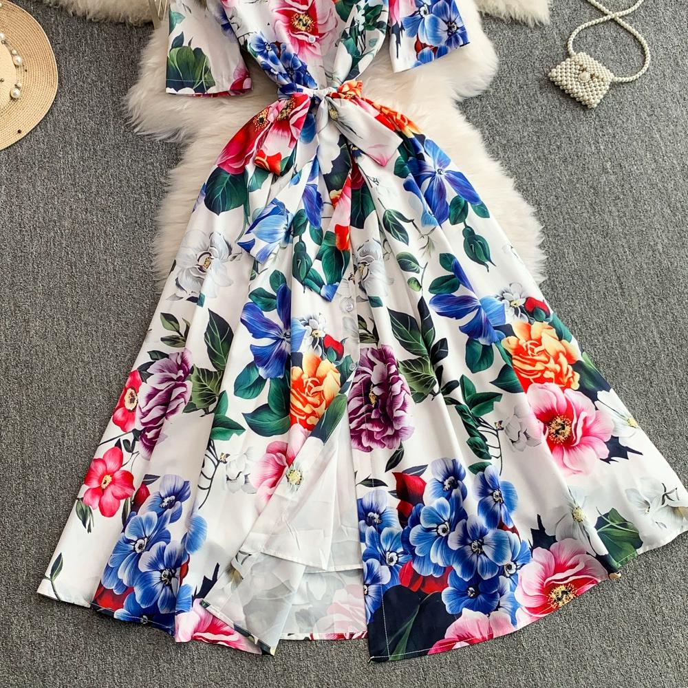 Summer Women Designer Print Runway Dress Elegant Turn-down Collar Office Work Midi Lace-up Shirt Dresses