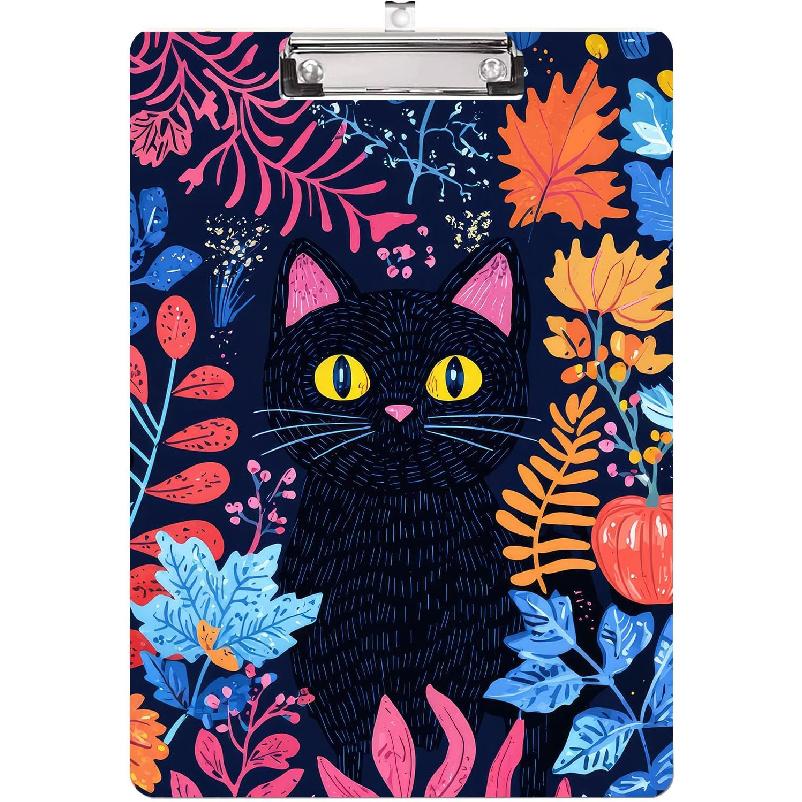 Watercolor Purple Floral Clipboard,Decorative Acrylic Clipboard with Low Profile Metal Clip for Office,School,Teachers,Students Standard Letter Size Black Cat Floral
