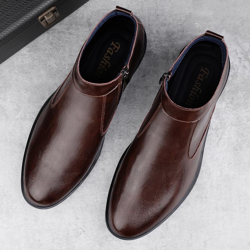 Genuine Leather Men Chelsea Boots New Men Winter Plush Snow Boots Soft Ankle Boots Formal Business High Top Shoes Man Warm Botas