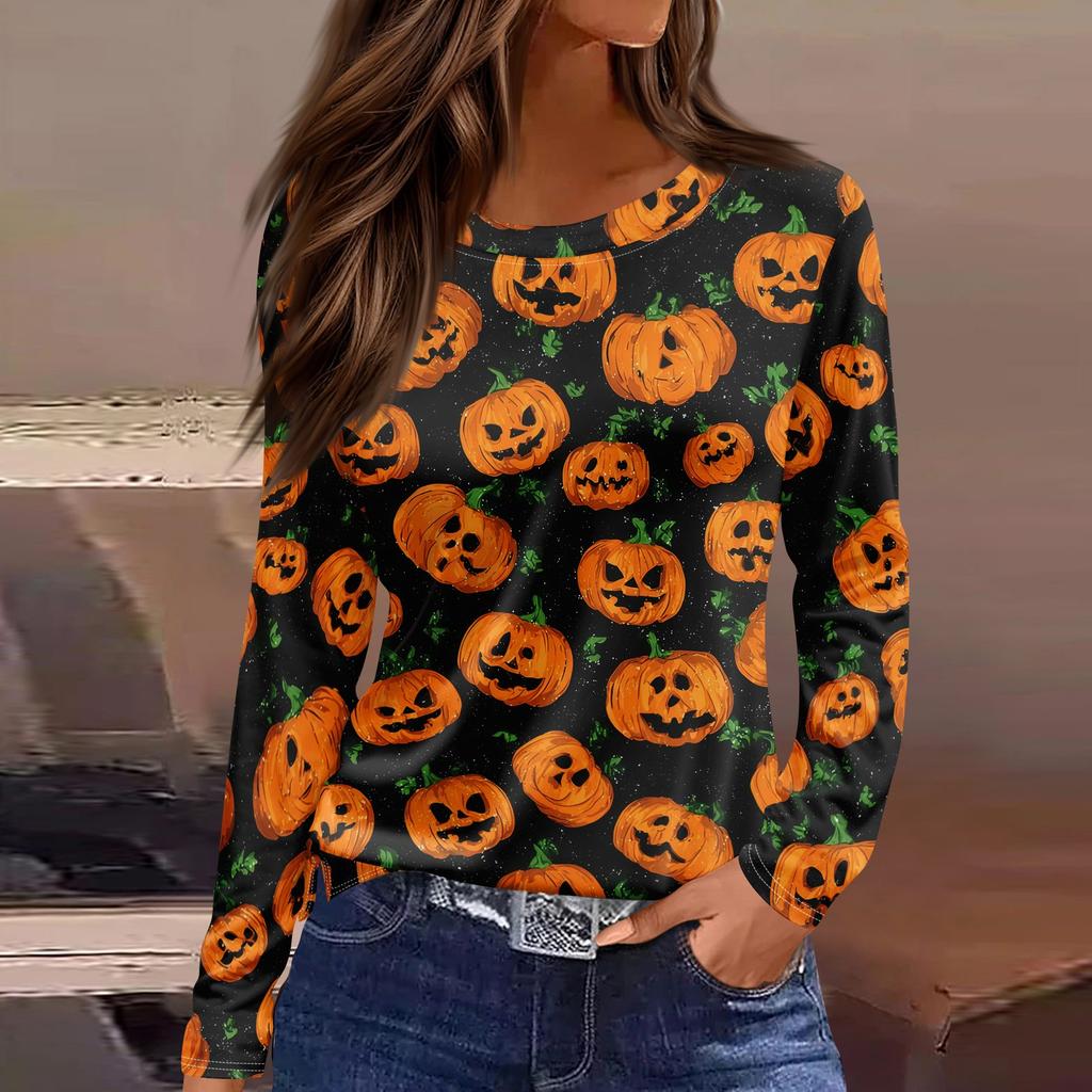 Haut d'Halloween pour femme à manches longues, col rond et fente à l'ourlet