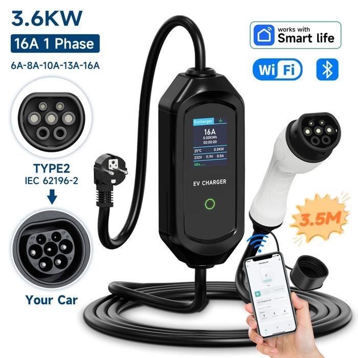 Tragbares Elektroauto-Ladegerät, 3600W Leistung, einstellbarer Ladestrom, Typ 2