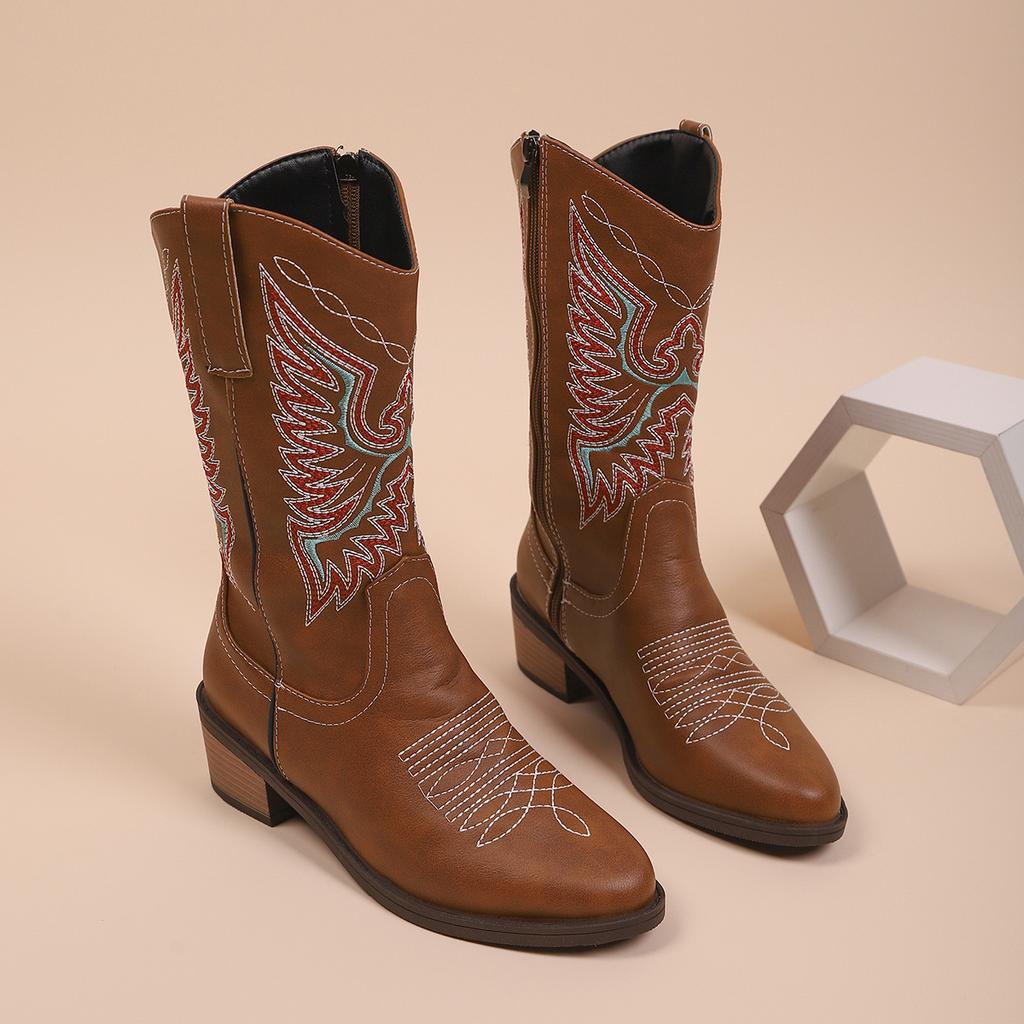 Autumn foreign trade large size retro style thick heel high boots women's cross-border embroidery color matching temperament side zipper knight boots