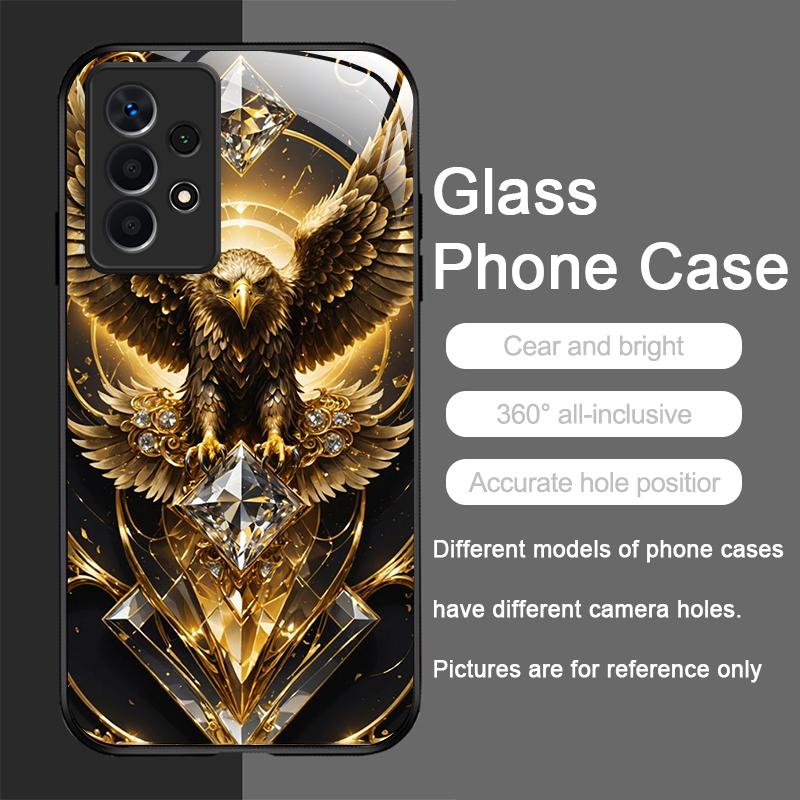 Stylish Eagle Golden Diamond Pattern Tempered Glass Phone Case for Samsung Galaxy S25 Ultra S24 S23 Plus S22+ S21 S20 FE Covers