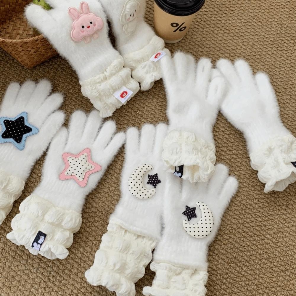 Star Bear Patch Design Full Finger Gloves Thick Plush Winter Gloves  Cold Weather