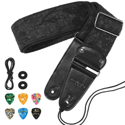 LEKATO Anaglif Dombornyomott Virágos Gitárpánt Elektromos és Akusztikus Gitárokhoz, 2,5" Széles, Párnázott Pengetővel és Zárral, Fekete, és Kábelrögzítő