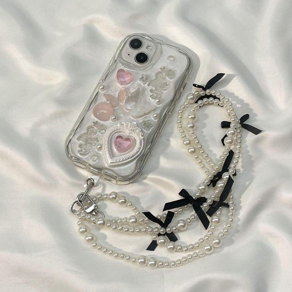 Pearl Bowknot Wallet Necklace Chain Bag Accessory Phone Anti Loss Lanyard  Wallet