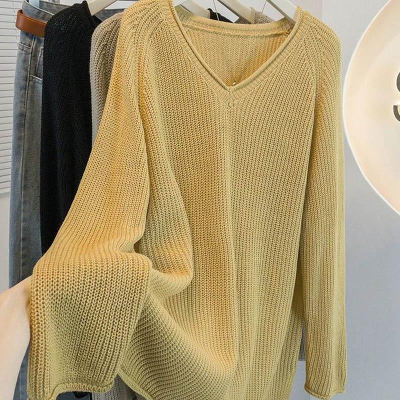 Sweater for Women Autumn Winter Thickened  Warm Knitted Stretchy Long Sleeve Oversize V-neck Tops