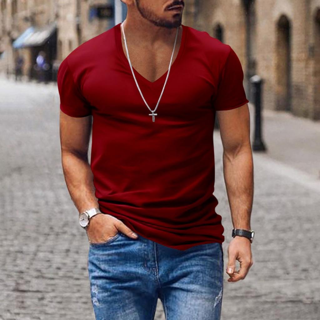 Men's Short Sleeve V-neck T-shirt Solid Color Casual T-shirt Short Sleeve