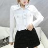Spring Autumn Turn-down Collar Shirt Women's Clothing Commute Pockets Spliced Stylish Solid Color Single-breasted Basic Blouse