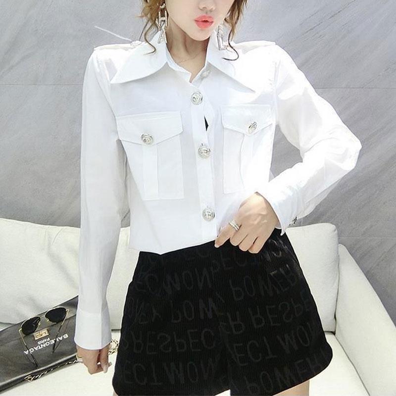Spring Autumn Turn-down Collar Shirt Women's Clothing Commute Pockets Spliced Stylish Solid Color Single-breasted Basic Blouse