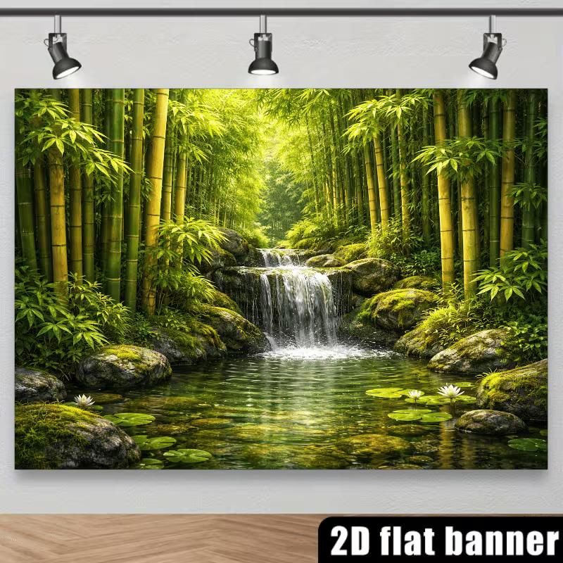 2D Bamboo Forest Waterfall Backdrop for Zen, Nature & Oriental Themed Photography