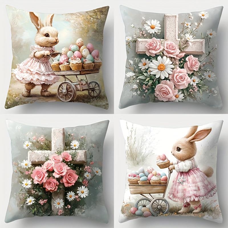

4 Easter Rabbit Pillow Covers Warm And Comfortable Polyester With Zipper Closure Machine Washable Perfect For Living Room Sofa 35x35cm 4pcs