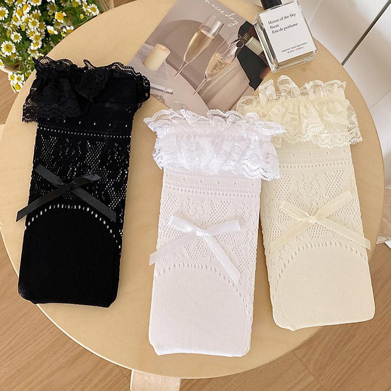 Lace Stacking Socks Cover Mesh Thin Summer Medium Tube Ballet Style Leg Cover White Bow Calf Socks Female Long