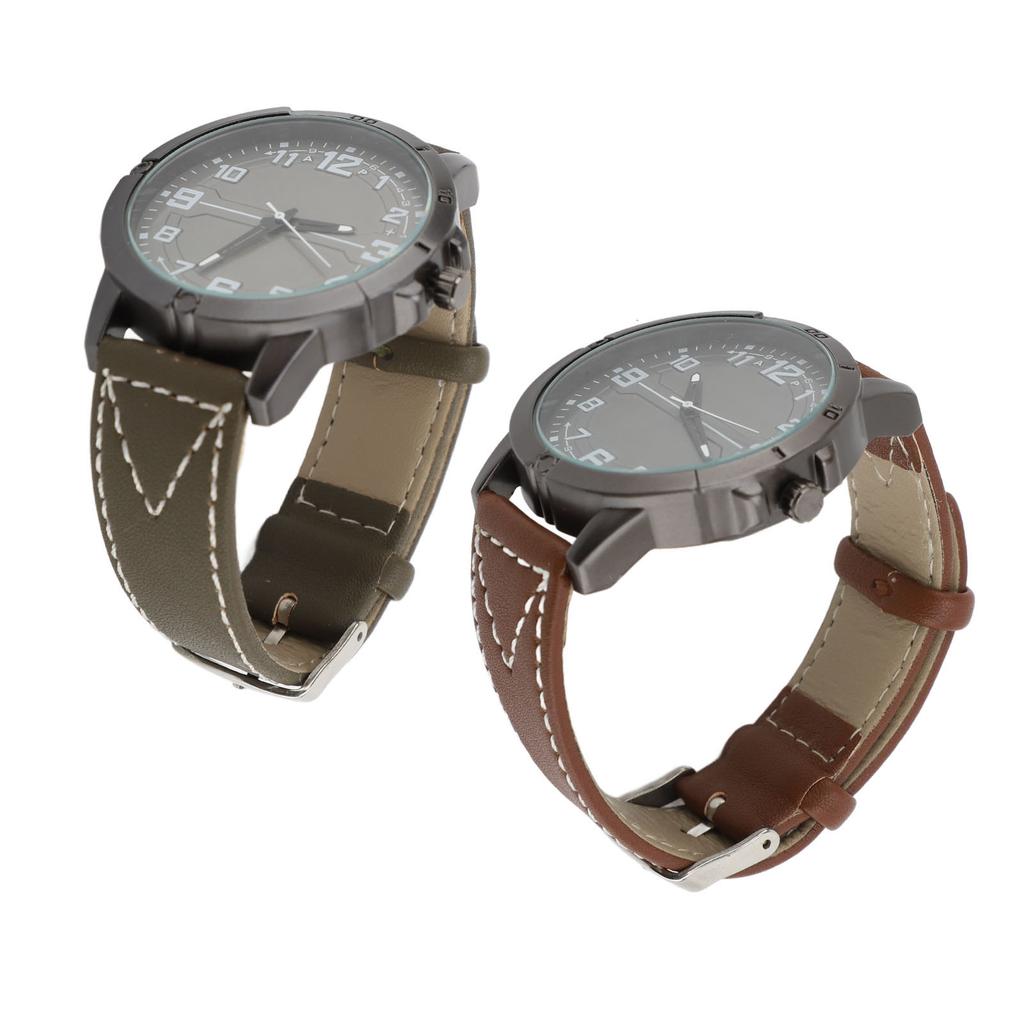Men Quartz Watch Round Large Dial PU Leather Strap Retro Wristwatch for Daily Life Sports Business P