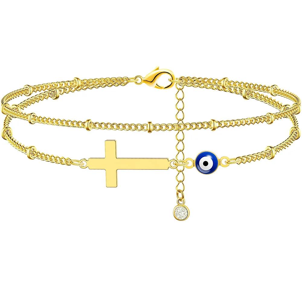 Stainless Steel Anklet For Women Turkey Blue Eye Of Evil Cross Charm Ankle Bracelet Waterproof Chain On Foot Jewelry