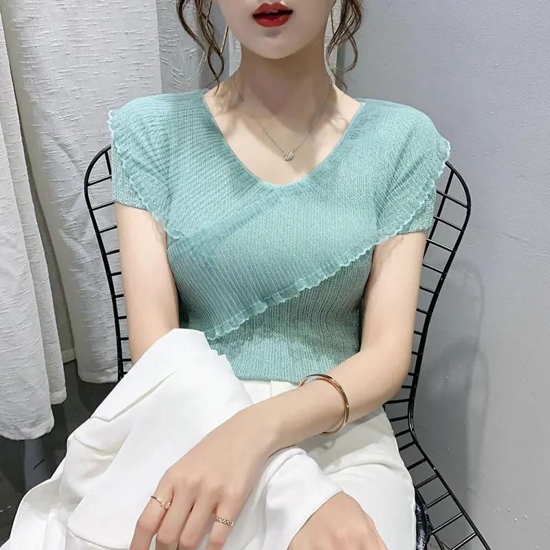 Summer New Gauze Ruffles Design Sense V-neck Ice Silk T-shirt Women Solid Short Sleeved Tops