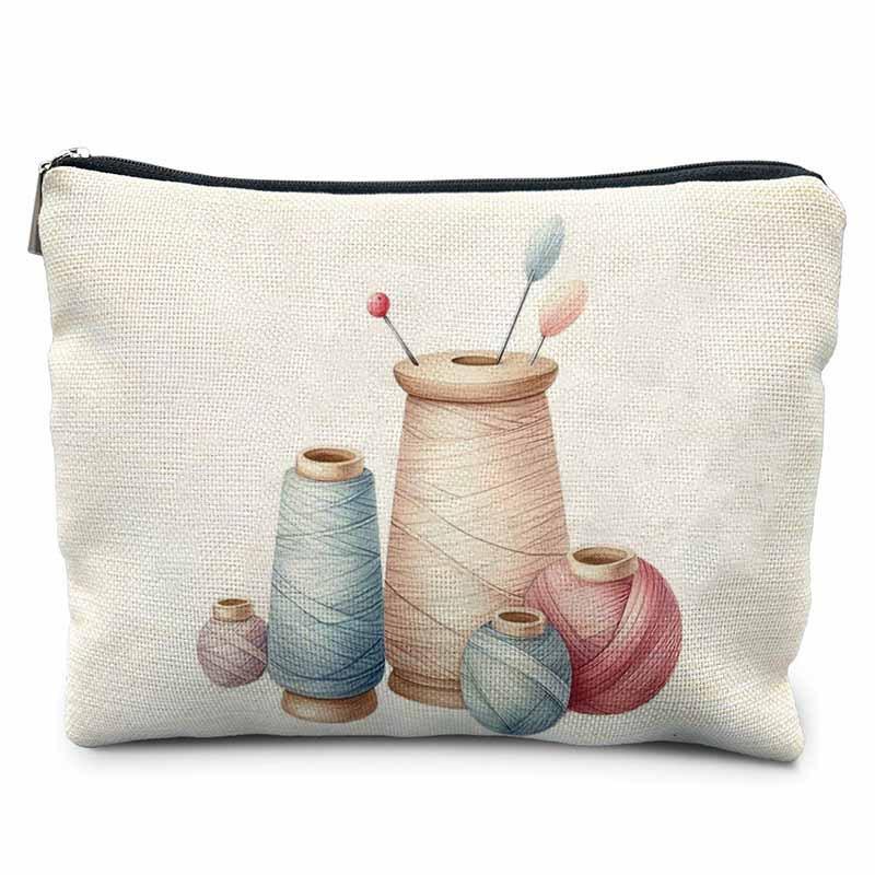 Creative Sewing Theme Print Makeup Bag Polyester Zipper Pouch Button Yarn Cat Pattern Organizer for Travel Daily Use 21.5x15cm