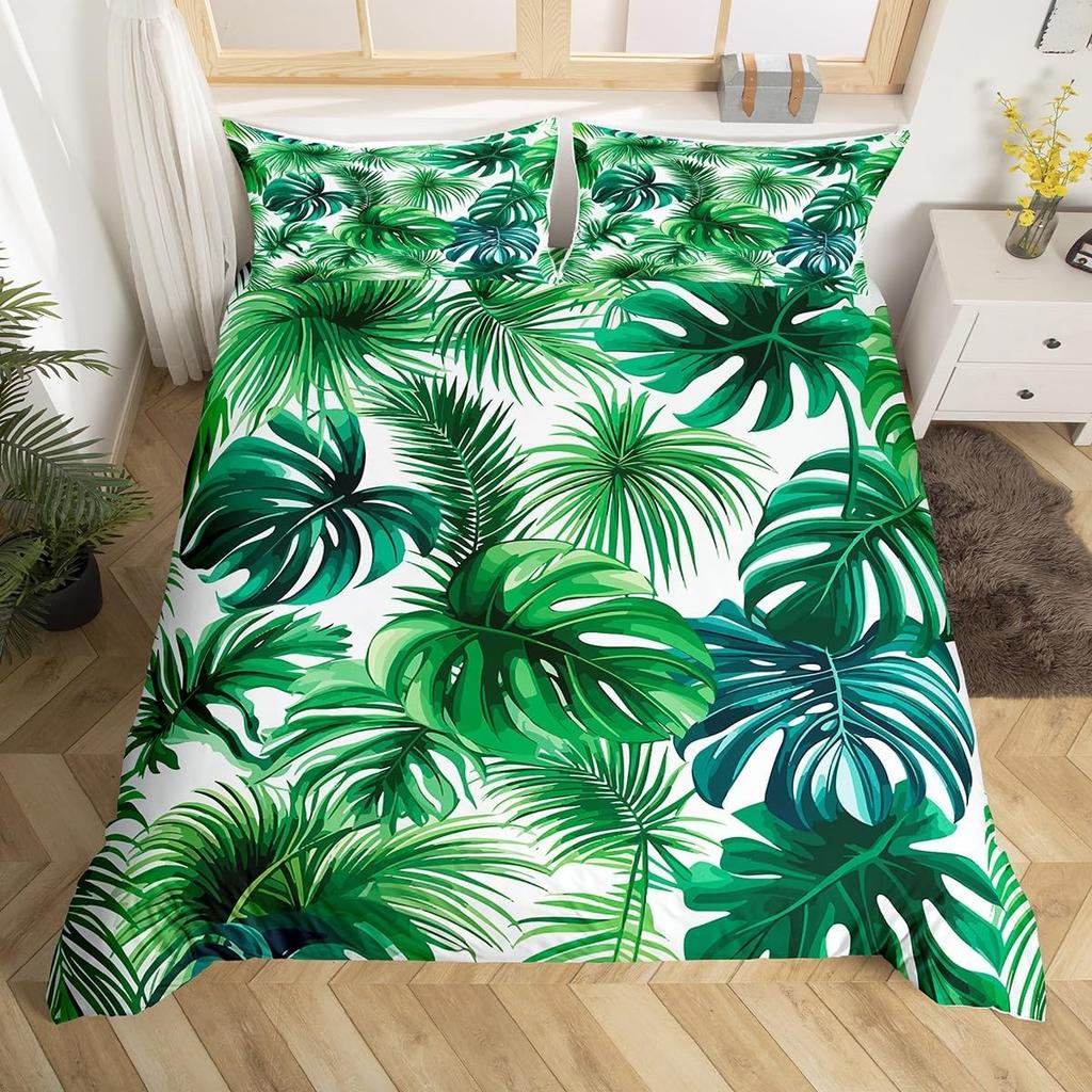 Tropical Botanical Duvet Cover Gold Palm Tree Leaf Comforter Cover King Jungle Nature Theme Watercolor Plant Leaves Bedding Set