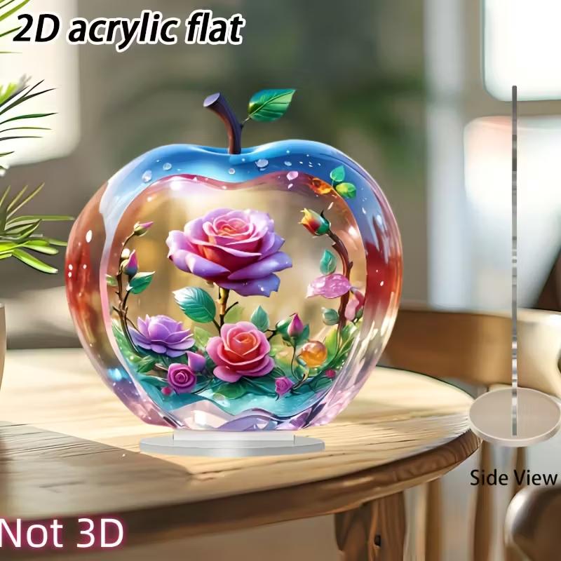 Acrylic Apple Shaped Desktop Ornament 2D Flat Floral Rose Blossom Design Home Office Decorative Accessory