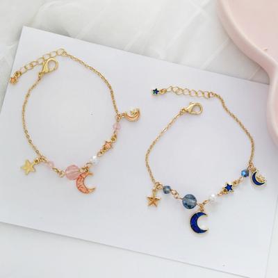 Moon Star Charm Faux Pearl Beads Bracelet Women Bangle Jewelry Gift