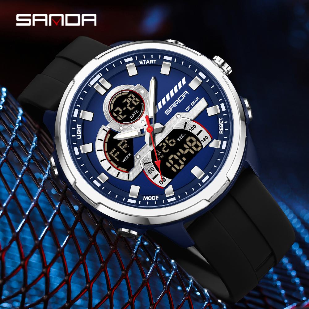 SANDA 9077 Night Light LED Men's Electronic Watch New Fashionable Men's Electronic Watch Multifunctional Sports Waterproof