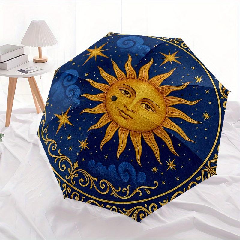Golden Sun & Stars Circular Wall Art DecorUmbrella, Portable 3-Fold Compact Umbrella for Men & Women Gift