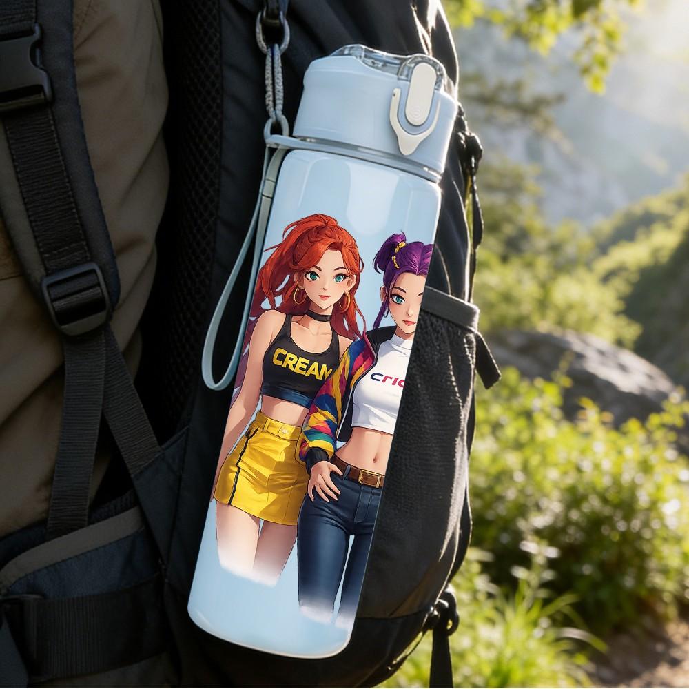 1PC Two Fashion Girl Character Art Print 750ml Color Plastic Sports Water Bottle Leakproof Flip Straw Lid Suitable for Sports Office Home Use