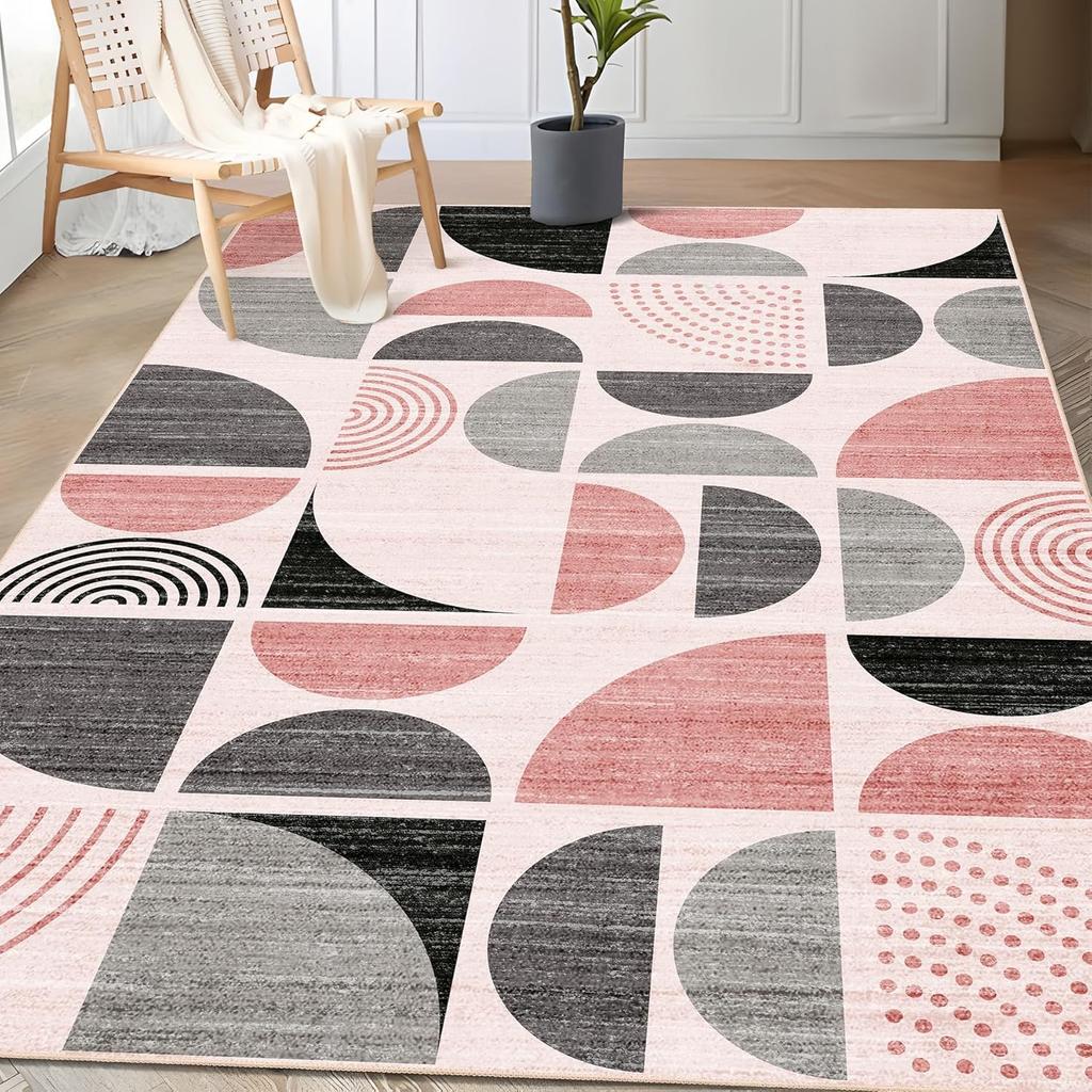 Boho Orange Area Rug – Machine Washable Non-Slip Abstract Carpet for Bedroom Living Room Entryway, Soft Indoor Bedside Mat