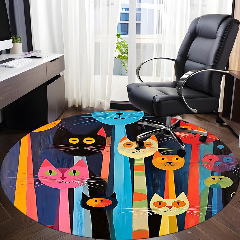 1pc Colorful Cats Office Round Area Rug, Indoor Mat Suitable For Office, Under Office Chairs Bedroom Living Room Home Decor, Room Deco