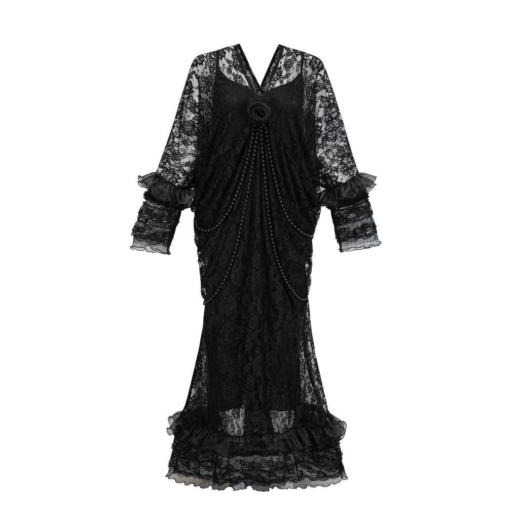 New Style of Literary and Elegant Long Skirt Veil Mesh Skirt Suspender Three-piece Set V-neck Long Sleeve Wedding Dress