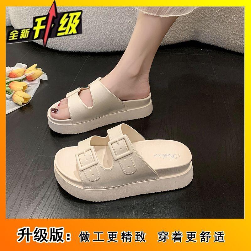 Indoor non-slip one-word drag muffin bottom Internet celebrity slippers 2025 summer Korean version heightening casual beach shoes women's outer wear