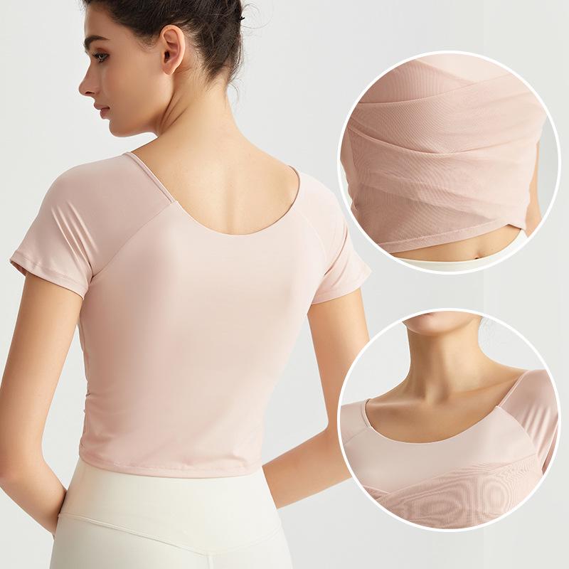 Chinese Style Women's Summer Yoga Top – Short Sleeve, Fixed Cups, Cross Mesh, Pleated, Slim Fit Sports Wear