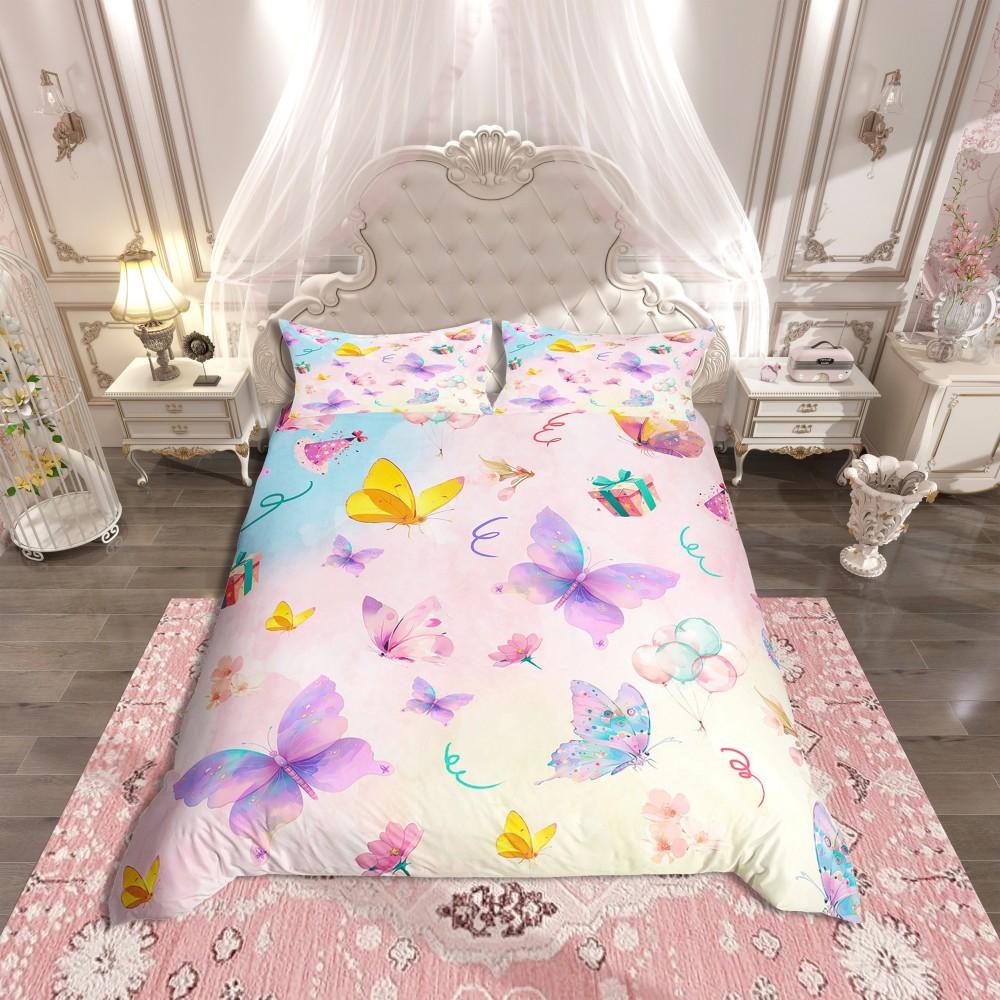Homewish Blue Pink Butterfly Duvet Cover Set,Romantic Dreamy Animal Bedding Set,Teens Girls Kids Female Reversible Bed Set