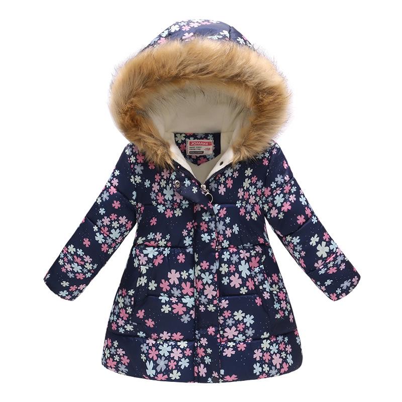 Autumn and Winter Children's Cotton Jacket Boys and Girls Fashion Printing Cartoon Big Boy Long Section Hair Collar Hooded Cotton Coat Jacket
