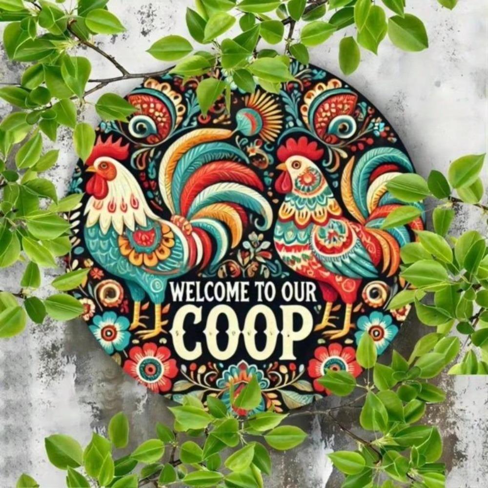 Vintage Style Round Metal Tin Sign 20x20cm Farmhouse Chicken Cage Wall Decor