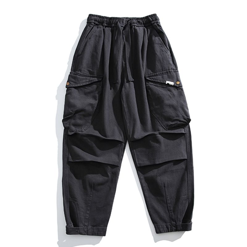 Autumn and Winter Thickened Twill Washed Pure Cotton Elastic Waist Casual Pants Men's Japanese Retro Distressed Multi-Pocket Cargo Pants