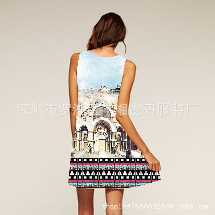 Europe Station Europe and the United States New Digital Printing Crew Neck Hot-selling Dress