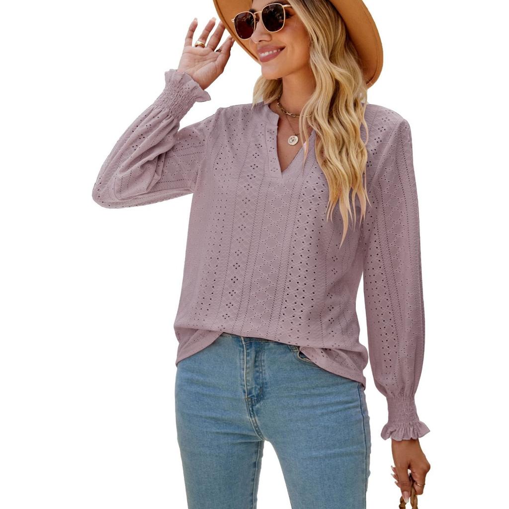 Solid Color Hollow Out Shirred Ruffle Sleeve V Neck Loose Long Sleeve Top for Women European American Crossborder Fashion