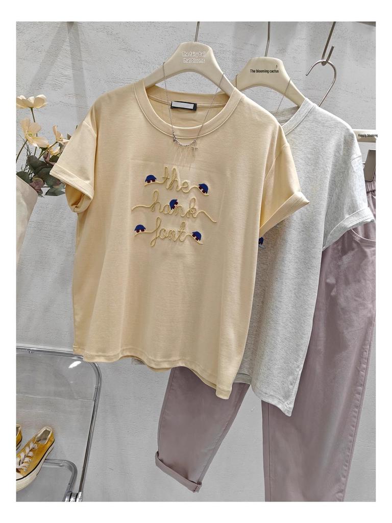 Women's Korean 3D Embroidered Cotton T-Shirt - Summer 2025 Loose Fit