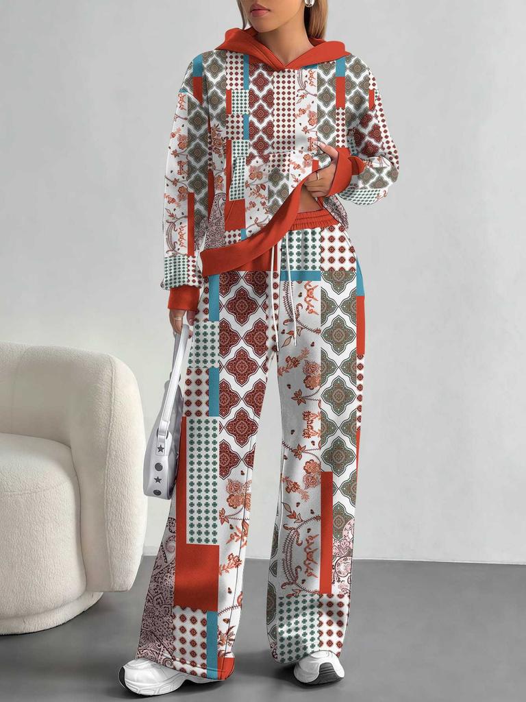 Retro Pattern European And American Autumn And Winter Casual Long-Sleeved Suit Women'S Hooded Sweater Trousers Two-Piece Set